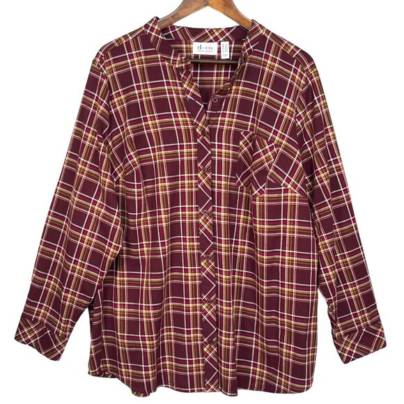 D&Co. Plaid Mandarin Collar Top‎ Women Size 2X Red Pocket Button Up - Picture 1 of 13